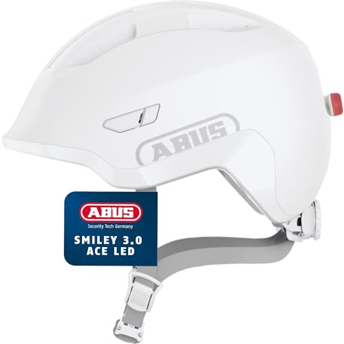 ABUS Kinderhelm Smiley 3.0 ACE LED - Fahrradhelm mit Licht - Tiefe Passform & Platz für einen Zopf - für Mädchen und Jungs - Pure White, Größe M