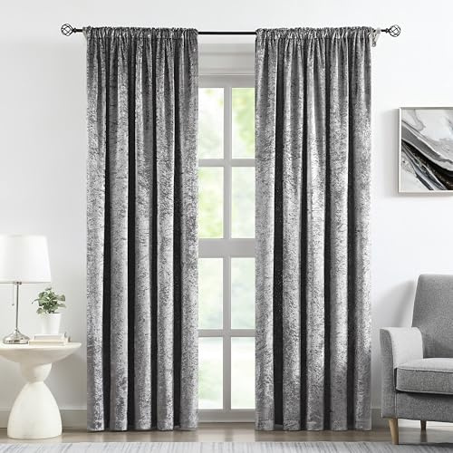 Bujasso Charcoal Crushed Velvet Pencil Pleat Room Darkening Window Curtain Panels 90 inches Long Microfiber Lining Light Blocking Window Drapes for Living Room Set of 2 Panels W66 x L90 Charcoal
