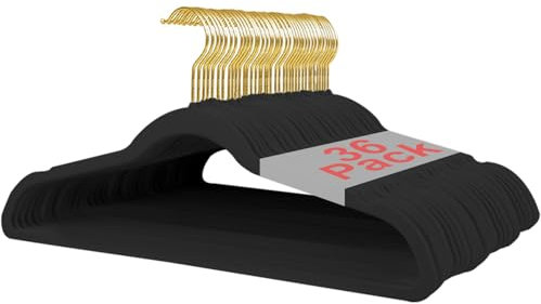 Wellong Kleiderbügel Samt, 45 cm rutschfeste Filz Bügel, Stabile Anzugbügel mit Schulterkerben, Platzsparende Kleiderbügel für Mäntel, Hosen, Silbe, 36 Stück – Schwarz mit Goldene Haken