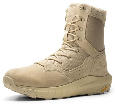 NORTIV 8 Botas de trabajo tácticas militares transpirables para hombre, con cremallera lateral, suela acolchada, de piel, ligeras, para motocicleta, soporte de arco, 20,3 cm, color DesertStorm, Arena,