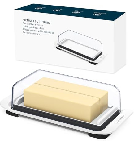 KITCHENDAO Airtight Butter Dish with Lid for Countertop and Fridge, Large Butter Keeper, Easy Scoop, Dishwasher Safe, Plastic Butter Holder Tray with non-slip Feet holds 2sticks/West/East Coast Butter