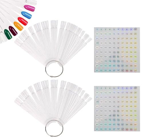 100 Pièces Nuancier Ongle, Ongles Cartes de Couleur Montrer Forme D'éventail, Nuancier Ongles avec Autocollants de Numéro 1-100, avec Anneau en Métal pour Salon de Manucure et Débutants (Transparent)