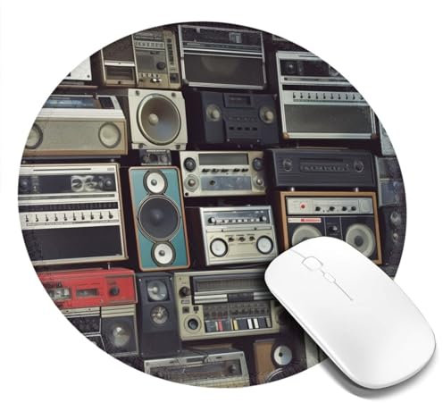 4 PCS 8inch Round Mouse Pad Vintage Wall of Radio Boombox Custom Mouse Mat Non-Slip Rubber Base 4 PCS Computer Mouse Pads for Wireless Mouse Laptop Office Desk Accessories Mousepad