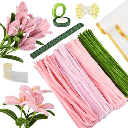 Kit de Fleurs DIY 350Pcs – Fil Chenille Pastel pour Enfants, Cure-Pipe Fleur avec Tige Verte, Pistil, Ruban, Papier Cadeau – Loisir Créatif Bouquet de Roses