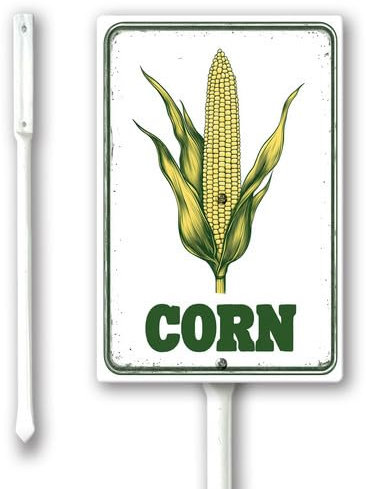 Geroclonup Cartello da giardino in alluminio con mais, 20 x 30 cm, per esterni, naturale, retrò, in metallo, segna piante e kit di paletti da 32 cm