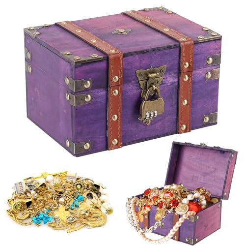 Oupuven Vintage Treasure Chest, coffre en bois, 21,7 x 15 x 13 cm, coffre au trésor, boîte de rangement en bois pour le stockage et