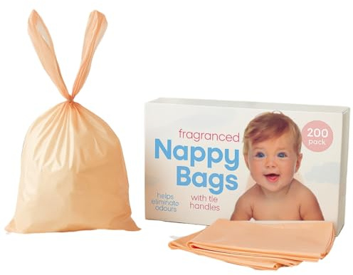 200 PACK Fragranced Nappy Bags 1 with Tie Handles | Odour Eliminating, Lightweight, Travel-Friendly |Durable, Leak-Proof Diaper Sacks for Baby