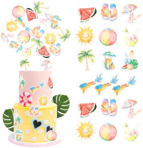Rsstarxi 60 Pack Summer Beach Theme Edible Cupcake Toppers Rice Paper Sun Beach Chairs Fruit Palm Trees Cupcake Picks for Summer Hawaii Theme Wedding Birthday Party Cake Decorations