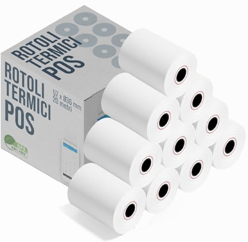 20 Rotoli POS 57x20 -UNIVERSALI- | Carta Termica 57x36 mm x 20 metri GARANTITI | Per POS Portatile, Nexi, Registratore Cassa | Rotolini Scontrino Universali