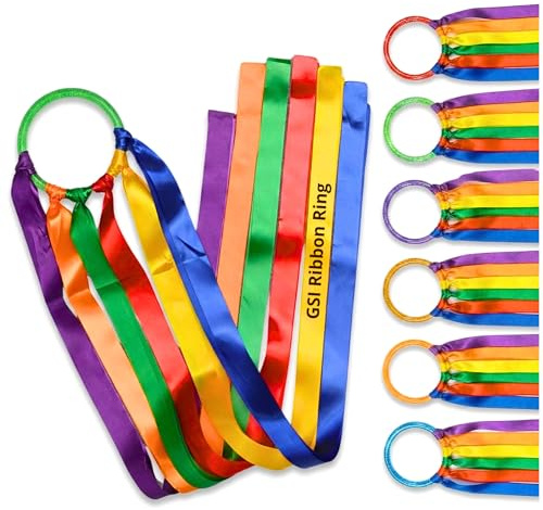 GSi Ribbon Rings for Kids 6-Pack with Storage Bag and 12 Flowing Ribbons Each Dance Ribbons, Classroom Movement, Gymnastics, Party Favors