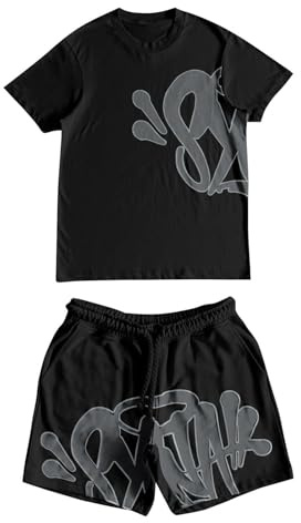 Generico Completo Corto Syna World - Completo Estivo da Uomo Synaworld, Completo Sportivo da Uomo in 2 Pezzi, Tuta Intera Y2K Hip Hop Streetwear(Nero,XL)