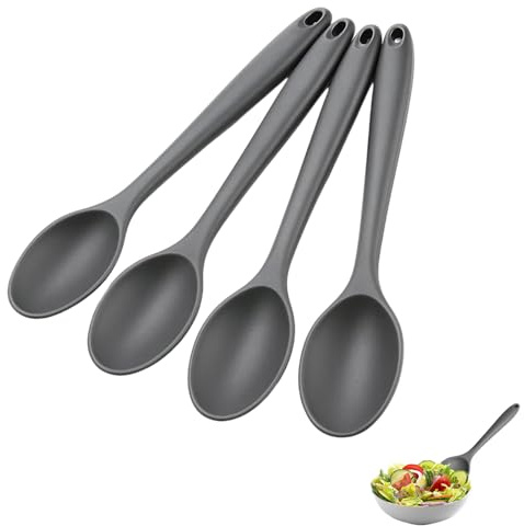 4 Silicone Spoons for Cooking, Heat Resistant Kitchen Utensils, Nonstick Serving Spoons for Mixing, Stirring and Scooping, 20.5 x 4.5 cm Grey Silicone Spoon Set