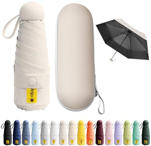 Detontek Mini Folding Travel Umbrella, Mini Travel Umbrella, Pocket Umbrella, Dual Purpose, Compact And Portable, With Storage Box (Beige)