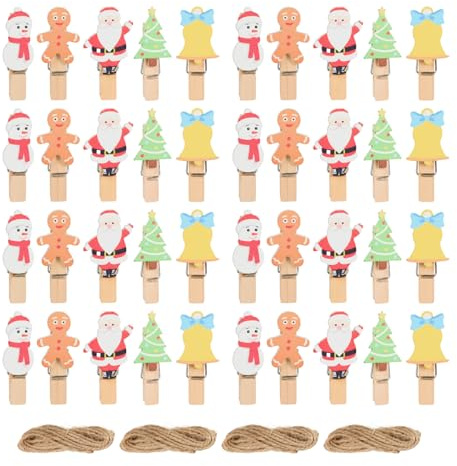 Juego de 40 Pinzas de Madera navideñas con Cuerda de Yute de 5,6 m – Pinzas Decorativas para Fotos, Tarjetas y Regalos – Motivos de Papá Noel, árbol y Campanas – Adornos de Navidad Reutilizables
