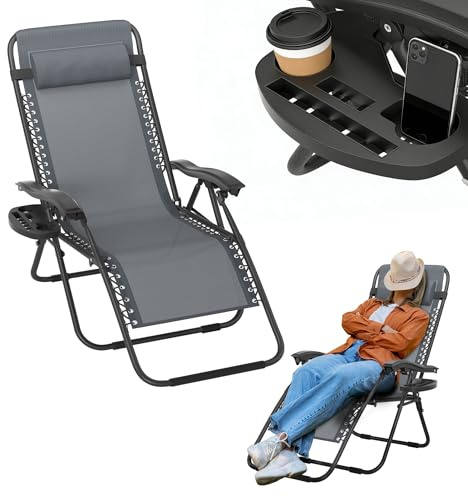 UISEBRT Fällbar solstol med mugghållare och kudde, solstol, trädgårdsstol, extra bred 64 cm, trädgårdsstol, relaxstol med justerbart ryggstöd för utomhus, trädgård, terrass, grå