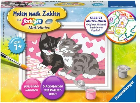 Ravensburger CreArt 28467 - Gosiga katter - Målning av siffror Katter för barn från 7 år och uppåt, målningsset med ram, pensel och akrylfärger, present till flickor och pojkar