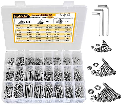 Hakkin Nuts and Bolts 1080Pcs M2 M3 M4 Hex Socket Head Cap Screws 304 Stainless Steel Nut Assortment Hex Socket Machine Screws hex socket Bolts Nuts and Washers Assortment Kit
