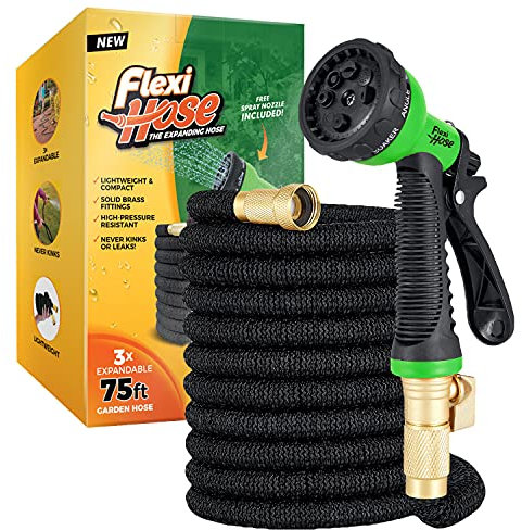 Flexi Hose Expandable Garden Hose - 75FT Heavy Duty Water Hose, Retractable Hose with 2cm Brass Fittings - Expandable Hose Design Includes Spray Nozzle (Black 23 Metres)