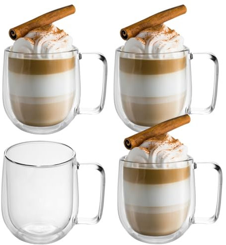 INTIRILIFE 4X Doppelwandige Thermo Gläser Set -150-200ml- Mundgeblasen isoliert für Espresso Cappuccino, Teegläser Kaffeegläser Latte Macchiato Tassen, Schwebeeffekt mit Henkel