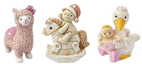 Ideen mit Herz Deko-Figuren zur Geburt | 3 Figuren | Je ca. 4-5 cm | Lama, Teddy mit Schaukelpferd, Storch | Tortendekoration | Tisch-Deko | Geschenk zur Geburt, Taufe, Baby-Party (Mädchen | rosa)