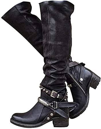Minetom Chaussure Femme Bottes Bloc Hauteur Genou Boucle Fermeture éclair Vintage PU Cuir Bottines Bottes Longues Noir 40 EU