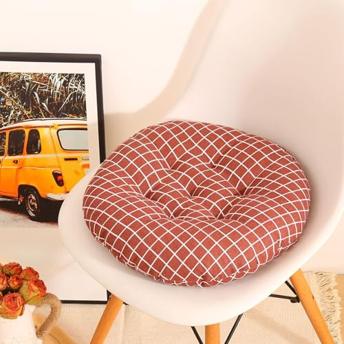 Hiseng Juego de 2 Cojín de Silla Tatami Cojines para Asiento, Espesar Suave Respirable Cojín, Patrón Redonda Cojin para Sofá, Colchoneta para Cocina Jardín Patio Oficina en Casa (Cuadros Rojos,40cm)