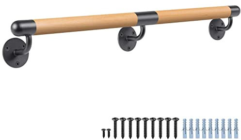 Dolibest 2M Pasamanos de madera para escaleras de interior de 3-10 pies Pasamanos de montaje en pared, barra de sujeción para escaleras sin barreras, redonda de 1-1/2