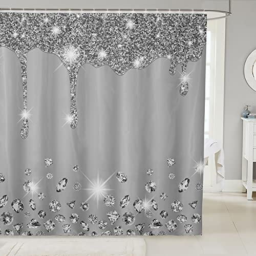 Loussiesd Silver Glitter Shower Curtain (No Glitter) Bling Partyations Grey Bathroom Fabric for Diamond and Jewelry Bath Curtain Waterproof Curtains Stalls Bathtubs 72x72 Inch
