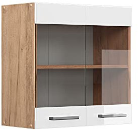 Vicco Küchenglasschrank R-Line, Glashängeschrank, Weiß Hochglanz/Goldkraft Eiche, 60 cm