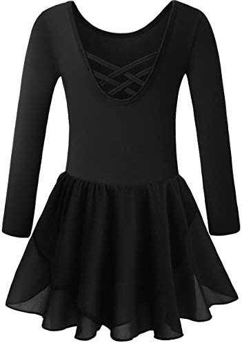 DANSHOW Ballet Leotards for Girls Long Sleeve Toddler Dance Skirt Dress,Crisscross Back,Double Hem Skirt(2142-S-06)