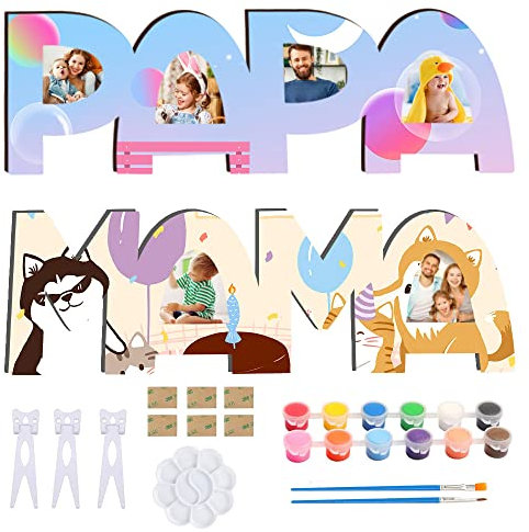 RtottiM MAMA PAPA Geschenk Enkel Geschenke Für Papa Mama Zum Geburtstag Bilderrahmen Papa Bilderrahmen Holzbuchstaben Bastelset mit Farben and Pinsel Geschenkideen für MAMA PAPA