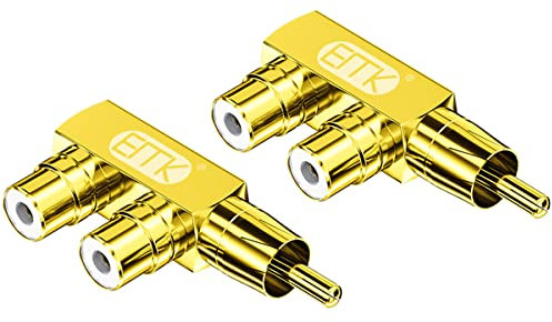 EMK Adattatore splitter RCA 2 pezzi, 90 gradi ad angolo retto, connettori audio video splitter adattatori placcati oro