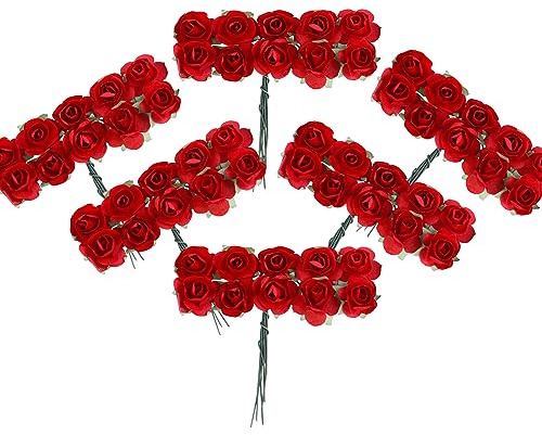 CCINEE 120pcs Mini Paper Flowers,Mulberry Paper 1/2 Artificial Rose Flower with Stem for DIY Crafts Projects Scrapbooking Wedding Decorations (Red)