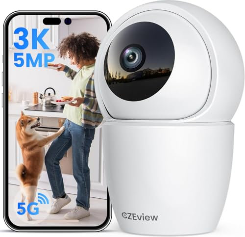 CZEview 3K(5MP) Caméra Surveillance WiFi intérieure 360°, 2.4&5Ghz WiFi, Vision Nocturne, 360°, Caméra Bébé Animaux Chien Chat, Détection & Notification, Compatible avec Alexa, Google Home (Blanche)