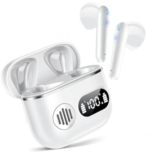 Wireless Earbuds 2025 Sport Bluetooth Headphones Stereo Earphones with ENC Mic Wireless Earphones In Ear Earbuds with Dual LED Display, 48H Playtime, Running Headphones IP7 Waterproof, Ceramic White