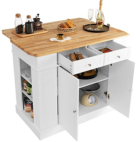 KOMFOTTEU Köksö med utdragbar bänkskiva, köksskåp i trä med lådor, sidohyllor och skåp med 2 dörrar, köksskåp med justerbara hyllor för matsalar kök 120 x 61 x 92 cm (vit)