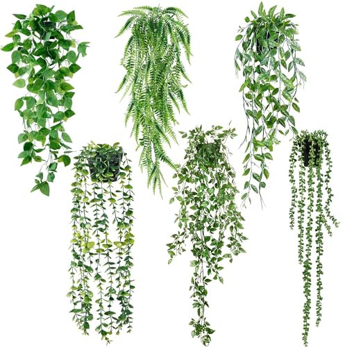 Sggvecsy Fake Hanging Plants 6 Pack Artificial Hanging Eucalyptus Plants Potted Greenery Faux Mandala Vine String of Pearls Boston Fern Ivy Vine Leaves Pea Pod for Home Indoor Outdoor Shelf Wall Decor