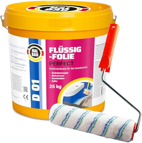 Flytande folie professionell 25 kg, tätning för badrum, dusch, inomhus, vattenbarriär under kakel färgroller 25 cm med bygelset, halvkonstruktion D01
