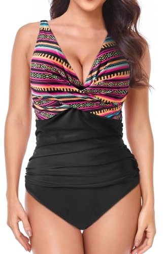 HOTUT Traje de Baño Mujer de Una Pieza, Control de Barriga Fruncido Bañador, Mujer Push Up Monokinis Cuello en V Control de Barriga, Multicolor - L