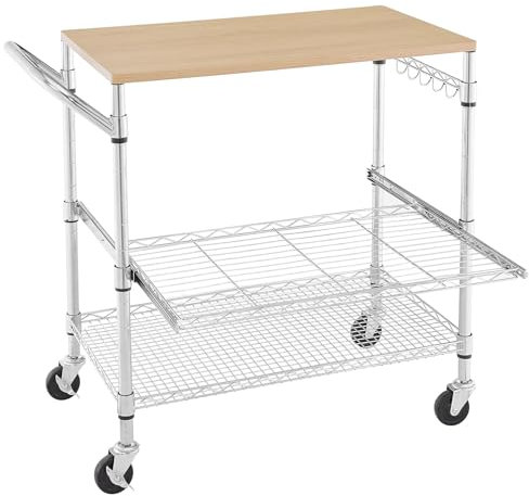 3 Tier Rolling Kitchen Cart with Wood Tabletop, Kitchen Island Carts with Wheels & Slider Shelf, Microwave Cart on Wheels, Coffee Cart with Hooks, 35.4 L*18.1 W*31.9 H，Wood+Chrome