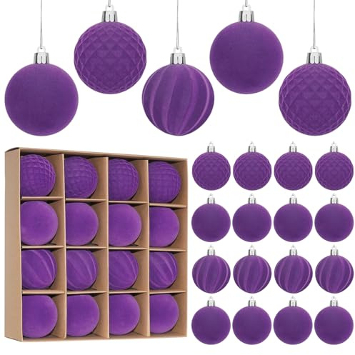 Miaikoe Samt-Weihnachtskugeln zum Aufhängen, vorgebunden, bruchsicher, beflockt, Weihnachtsdekoration, Festival, Urlaub, Party, Dekoration, Lila, 6 cm, 16 Stück