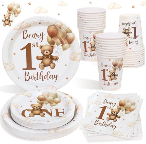 Decorazioni Compleanno 1 Anno Piatti Set per 25 Ospiti, 100 Pezzi Decorazioni Stoviglie Compleanno 1 Anno Bimbo Beige Balloon Orso Feste Piatti Carta, Tazze e Tovaglioli per Bimbo Ragazzi