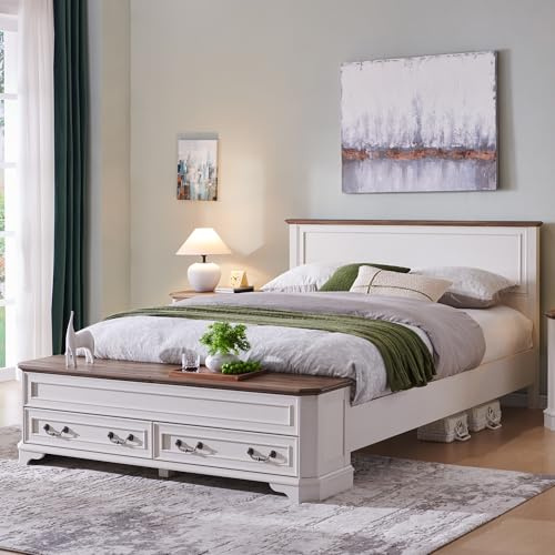 T4TREAM Farmhouse Queen Bed with Headboard and Storage Bench, Rustic Wood Platform Bed with 64 Storage Chest w/ 4 Large Drawer (Antique White)