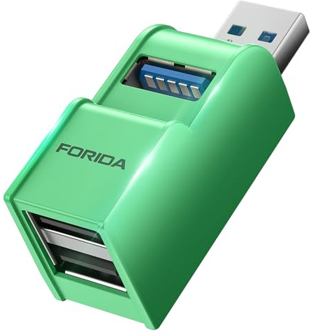 FORIDA 3-i-1 USB 3.0-hub, mini USB-hubb splitter med flera USB3.0-adaptrar, 1 USBA 3.0 och 2 USB2.0 out, flera portar, USB-distributör för bärbar dator, MacBook, flash-enhet, tangentbord, mus (grön)