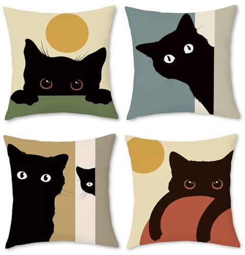 BREASOME Fundas Cojines 45x45 cm, Juego de 4 Fundas de Cojin Gato Negro Estilo Dibujos Animados Fundas de Almohada Decorativas Cuadradas de Lino para Sofá Dormitorio Sala de Estar