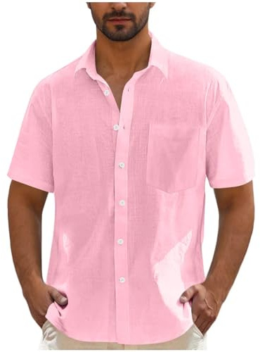 RLEHJN Linen Jackets for Men UK Daily Deals, Mens Linen Shirts Short Sleeve Solid Color Button Down Beach Causual Cotton Shirts with Front Pocket Summer Hawaiian Holiday Tops Regular Fit Pink