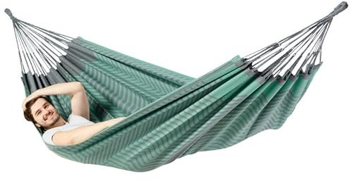 The Relax Company Döppel Hängematte - 100% Baumwolle - 350x160cm - Grau, Grün - Bis 160kg Belastbarkeit - für Garten, Balkon & Innenbereich