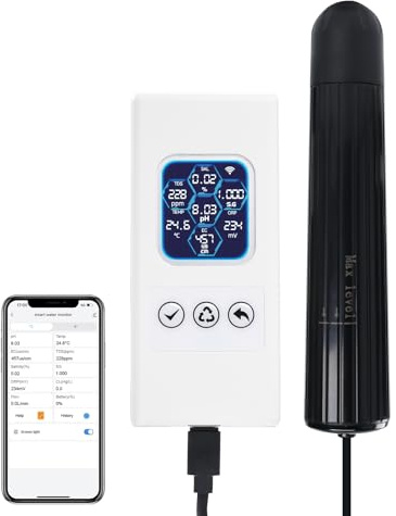 7-in-1 Wireless Water Quality Monitor WiFi Water Analyzer Multi-Parameter pH/TDS/EC/ORP/Salinity/SG/Temp Monitor with Real-Time Alerts, Thermometer for Fish Tanks, Freshwater & Saltwater Aquarium