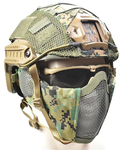 JFFCESTORE MH Updated Version Fast Tactical Helmet Combined with Foldable Half Face Mesh Mask and Goggles for Paintball CS Game Set DW