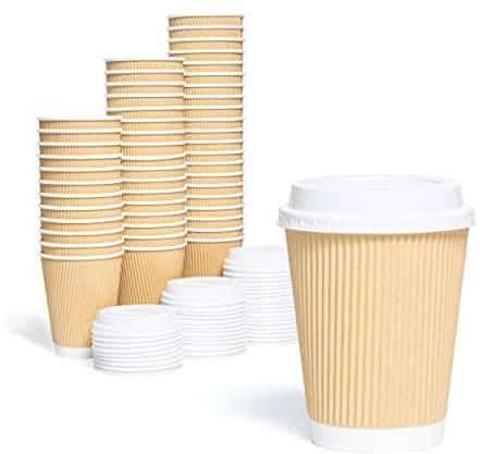 Caterserve Paper Cups for Tea and Coffee Takeaway Drinks Insulated Ripple Wall (8oz 50 Cups 50 Lids)